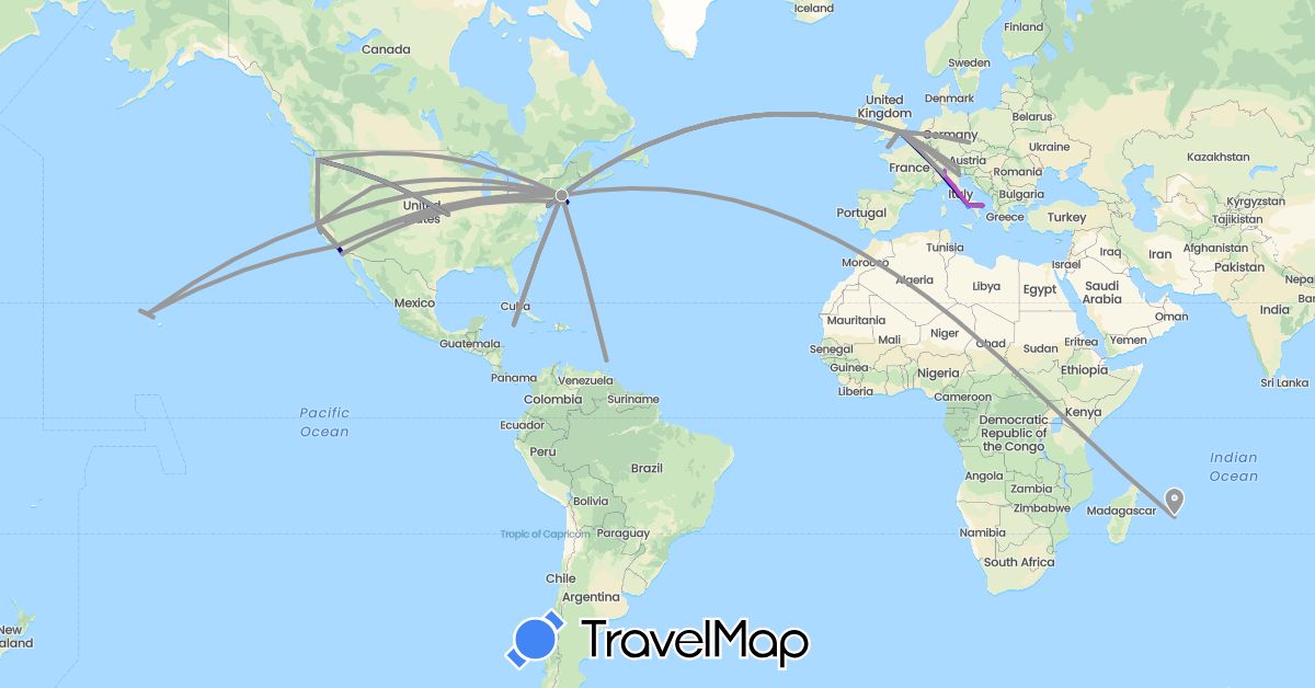 TravelMap itinerary: driving, plane, train, boat in Czech Republic, United Kingdom, Grenada, Guernsey, Italy, Cayman Islands, Mauritius, United States (Africa, Europe, North America)